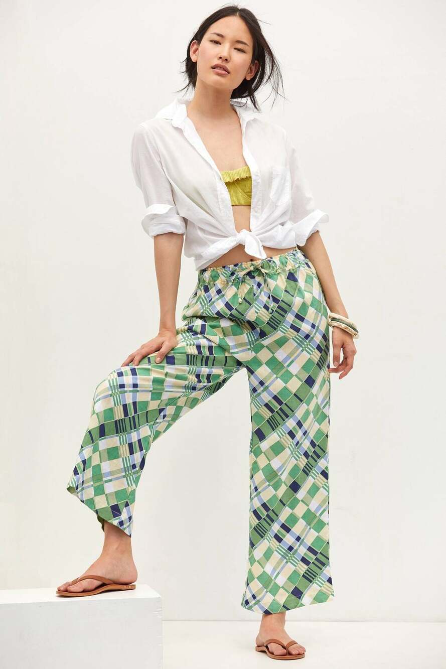 Faithfull the Brand Geo Linen Wide-Leg Plaid Pants